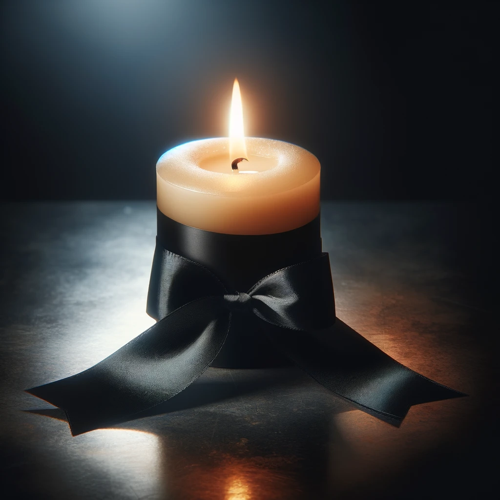 DALL·E 2023-11-20 14.19.30 - A photograph-style image of a lit memorial candle with a glossy black ribbon tied around it. The candle should be set against a dark, blurred backgrou